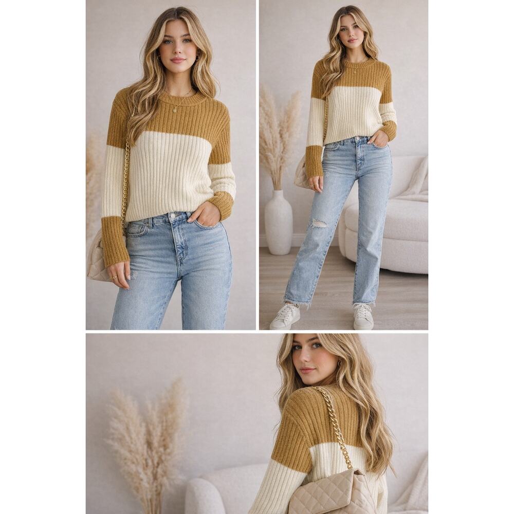 BKE Buckle Womens Large Ribbed Colorblock Sweater‎ Preppy Quiet Luxury Cozy NWT